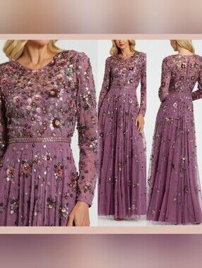 NWT Mac Duggal [ 6 ] 10063 Long Sleeve High‎ Neck Beaded Gown Raspberry